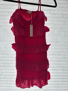 Olivaceous Hot Pink Smocked Ruffle Mini Dress